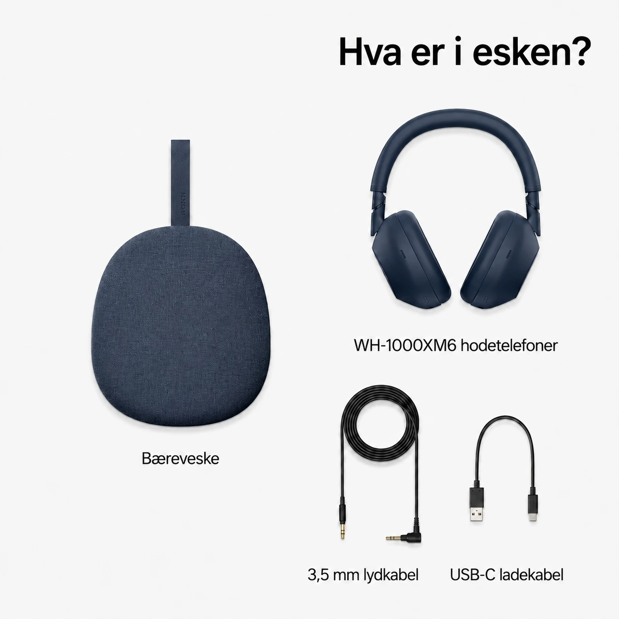 Sony WH-1000XM6 Blå – dette følger med