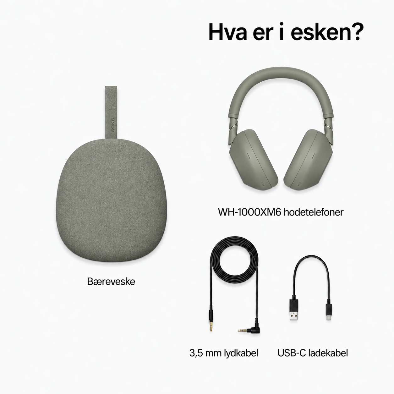 Sony WH-1000XM6 Olivengrå – dette følger med